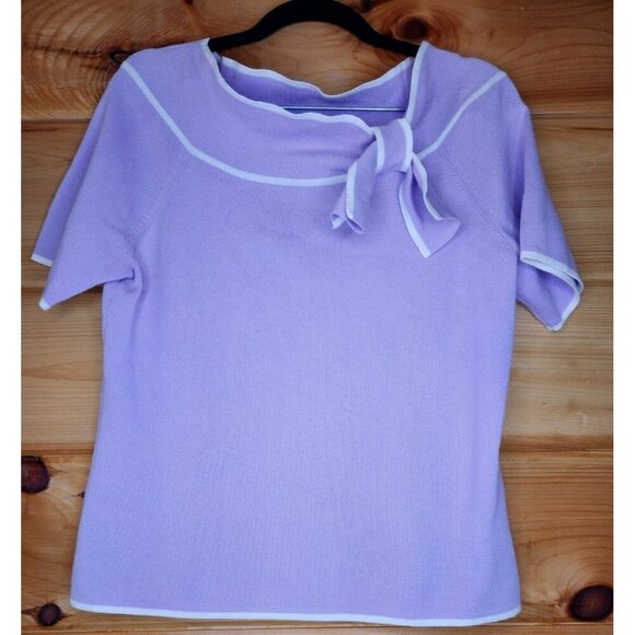 Designer Originals Purple White Trim Short Sleeve Knit Top Sweater Bow Large - Picture 15 of 16